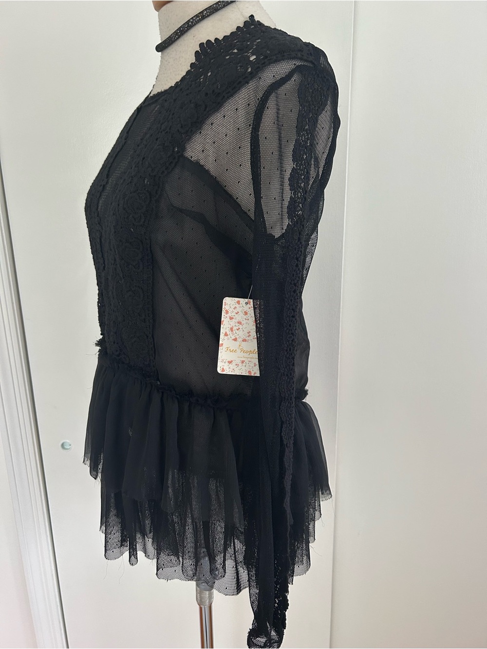 Free People Boho Sexy Semi Sheer Lace Tulle Mesh Ruffle Romantic Whimsigoth Top - Picture 7 of 10